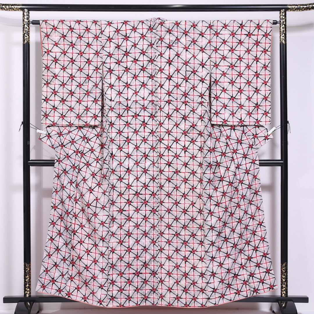小紋 袷 身丈159cm 裄丈63cm 正絹 Aランク インフォーマル 広衿 Mサイズ 格子 梅 グレー系 HP 1221-11582