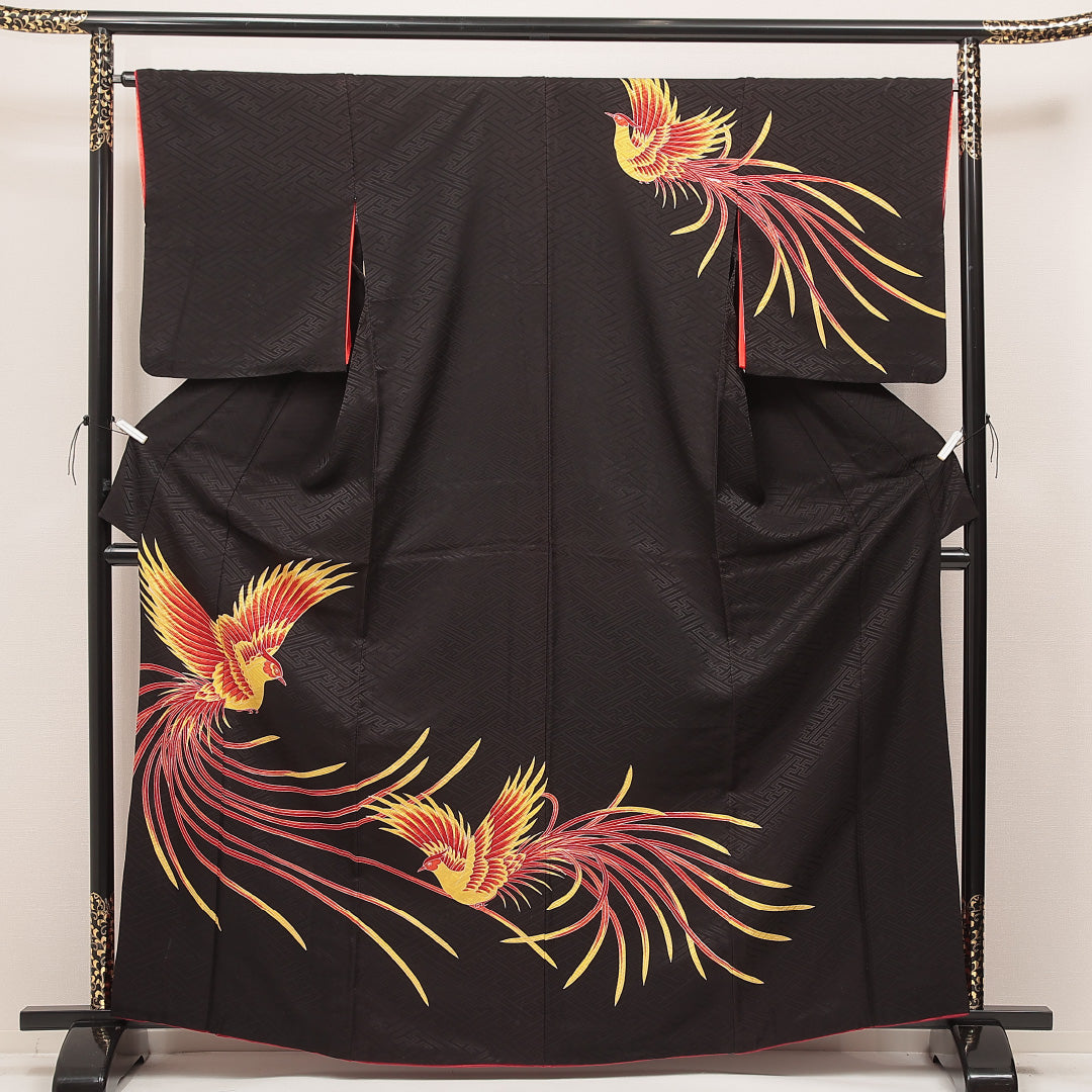 付下げ 黒系 ポリエステル 胴抜き 尾長鳥 1218-16984 背面全体