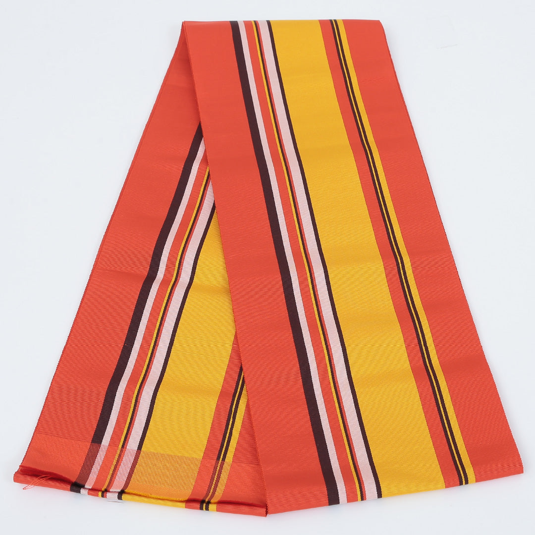 本場筑前 半幅帯 帯丈358cm 矢鱈縞 正絹 単衣帯 全通 仕立て上がり カジュアル Sランク 朱系 1225000055216