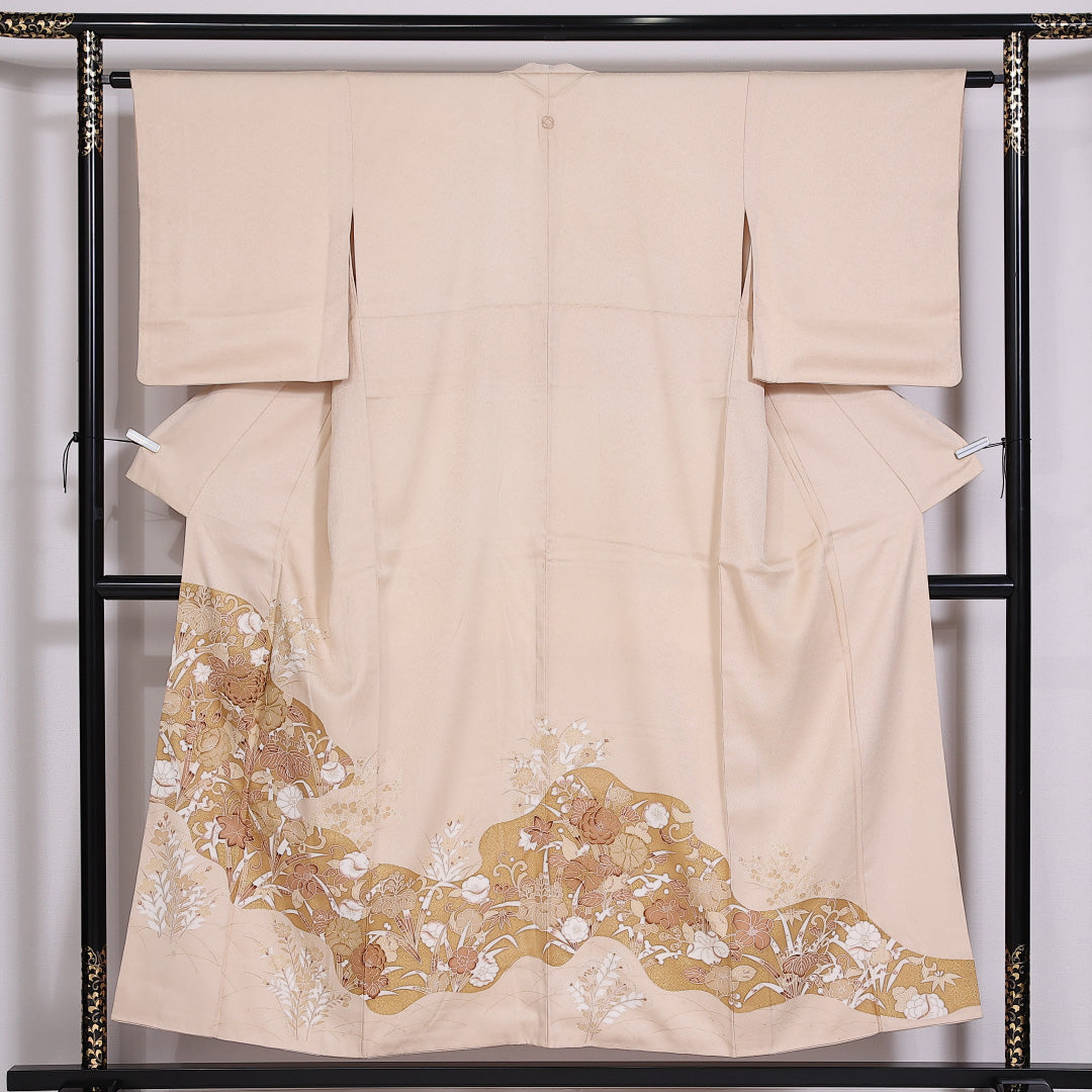 色留袖 一つ紋 身丈151cm 裄丈62cm Cランク 正絹 袷 広衿 S 金駒刺繍 桐 梅 セミフォーマル クリーム系 1211-F0284