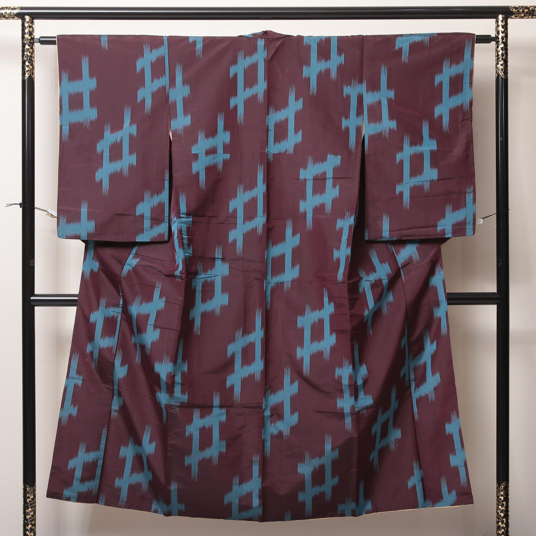 アンティーク 紬(銘仙) 袷 身丈148cm 裄丈61cm 正絹 Cランク XSサイズ 広衿 井絣 紫系 1216-03512