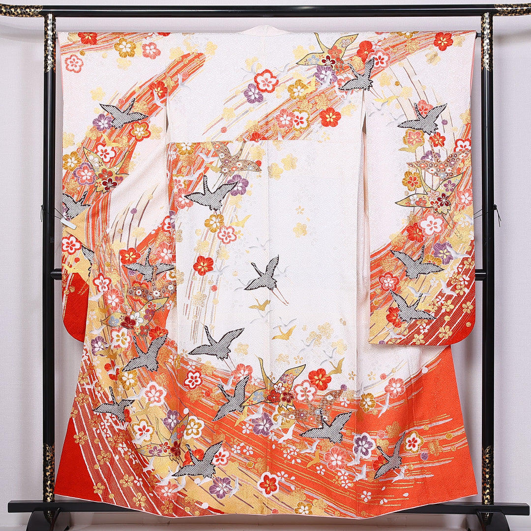 振袖 身丈154cm 裄丈63cm 袷 正絹 Sランク 広衿 梅 鶴 金糸 1213-F0381