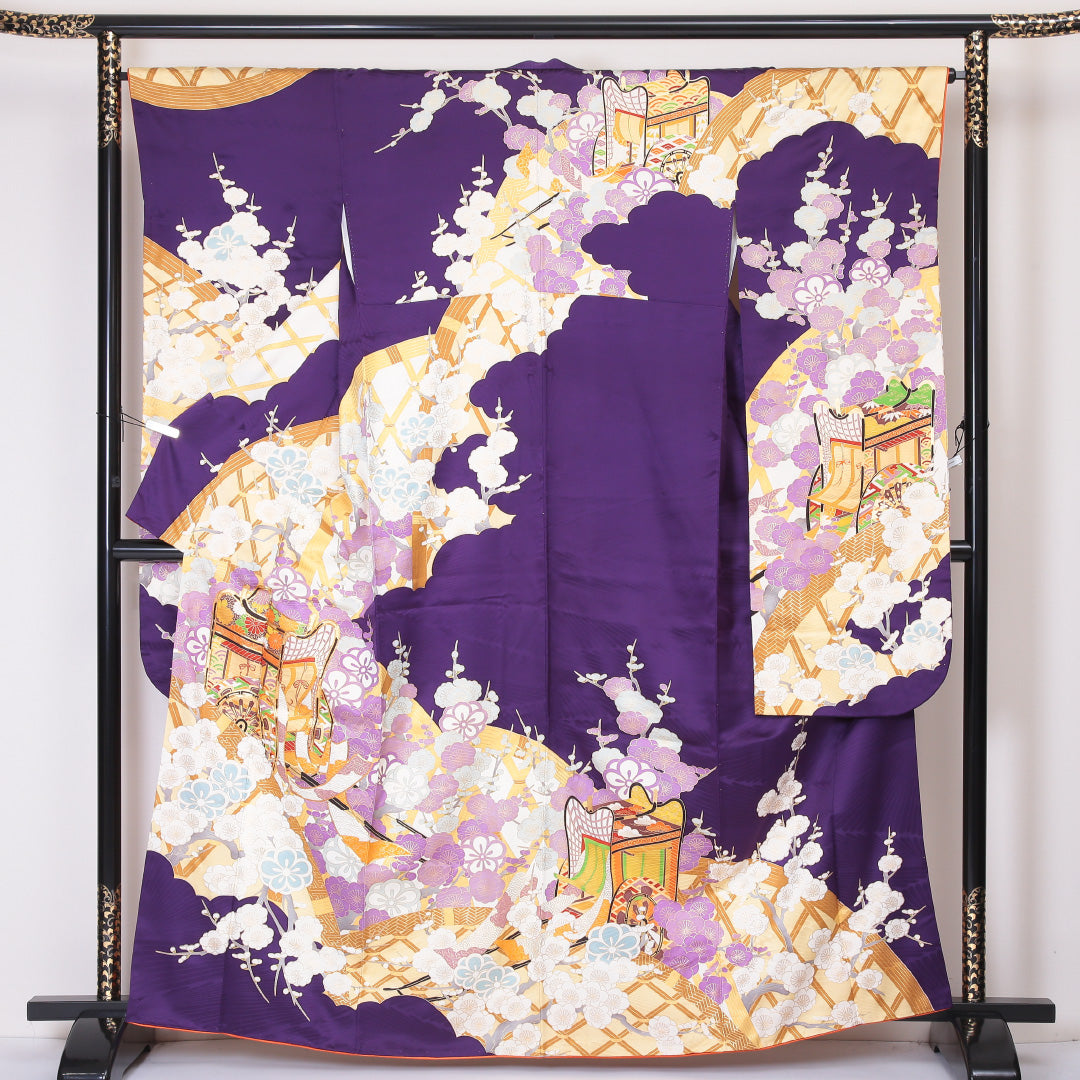 振袖 身丈163cm 裄丈66cm Aランク 袷 正絹 広衿 御所車 吉祥文様 梅 大正ロマン 1213-F0057