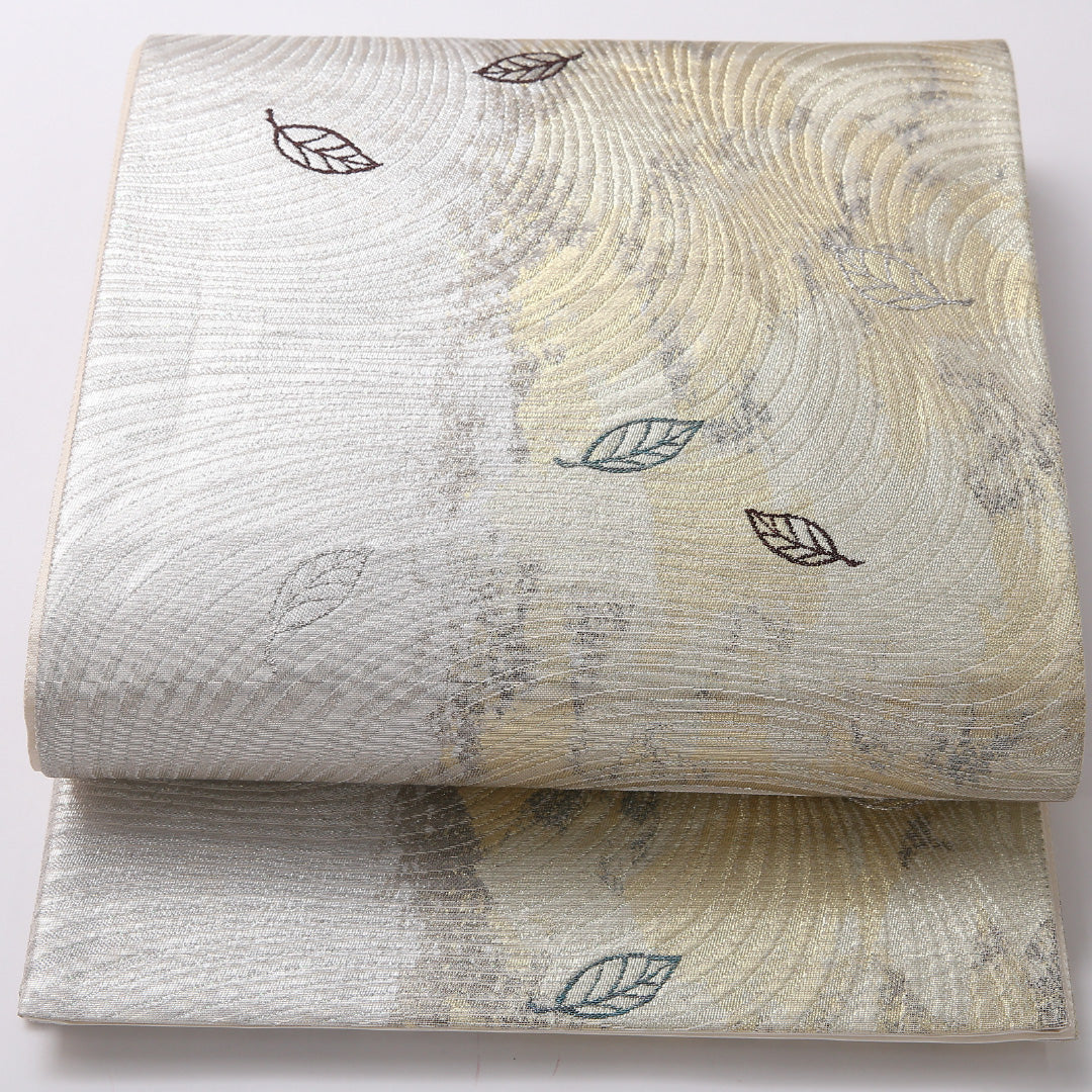 袋帯 帯丈438cm 正絹 六通 セミフォーマル 流水 木の葉 銀系 1243-01683