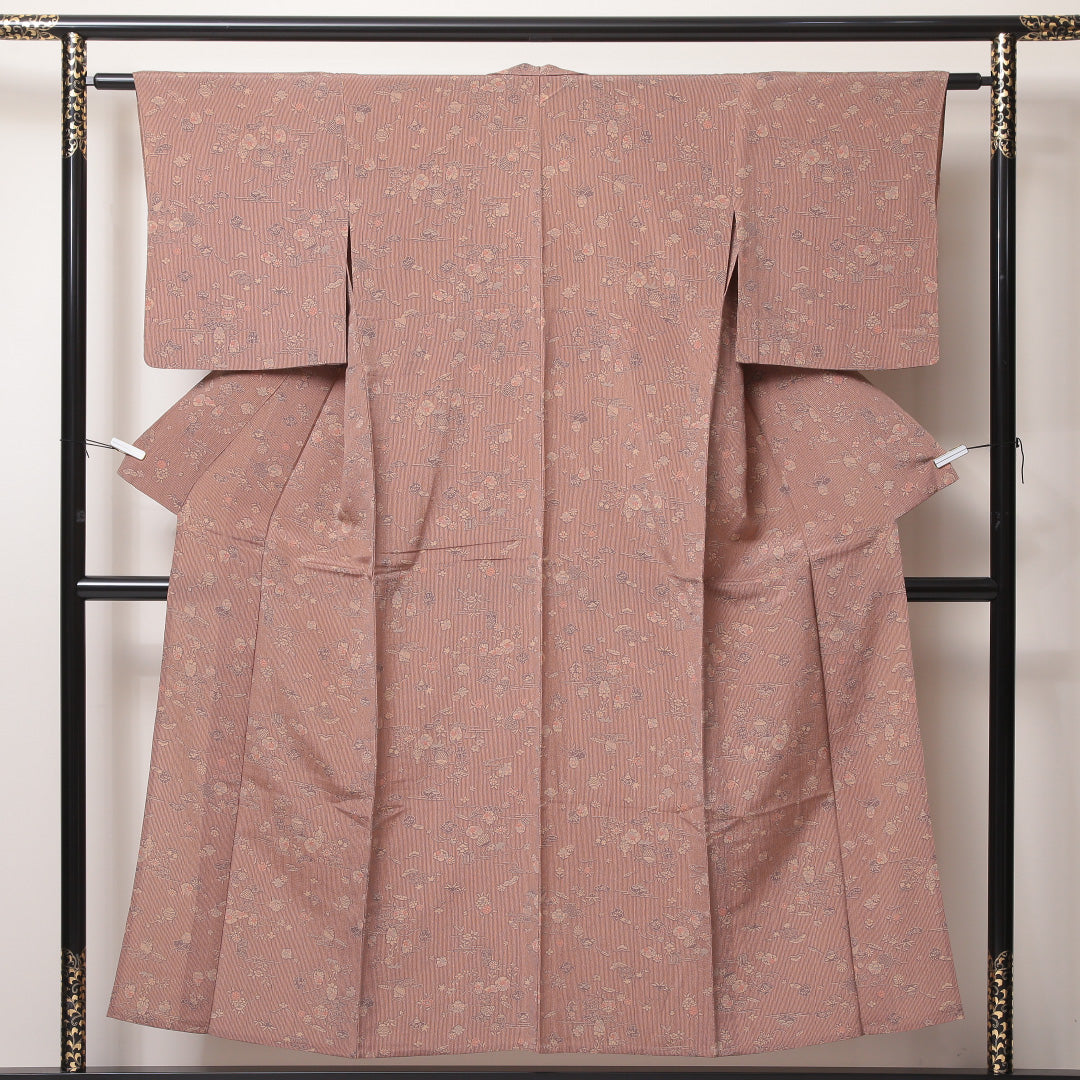 小紋 単衣 身丈151cm 裄60.5cm 正絹 鉄瓶 棗 茶系 ちりめん Sランク 1215-02185