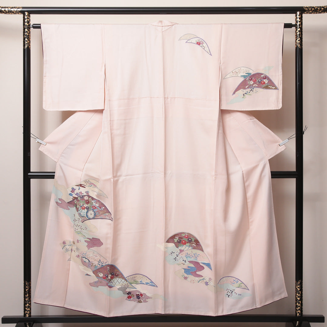 訪問着 袷 身丈150~154cm 裄61.5cm 正絹 花車や檜扇 ピンク系 Bランク 1212-00596