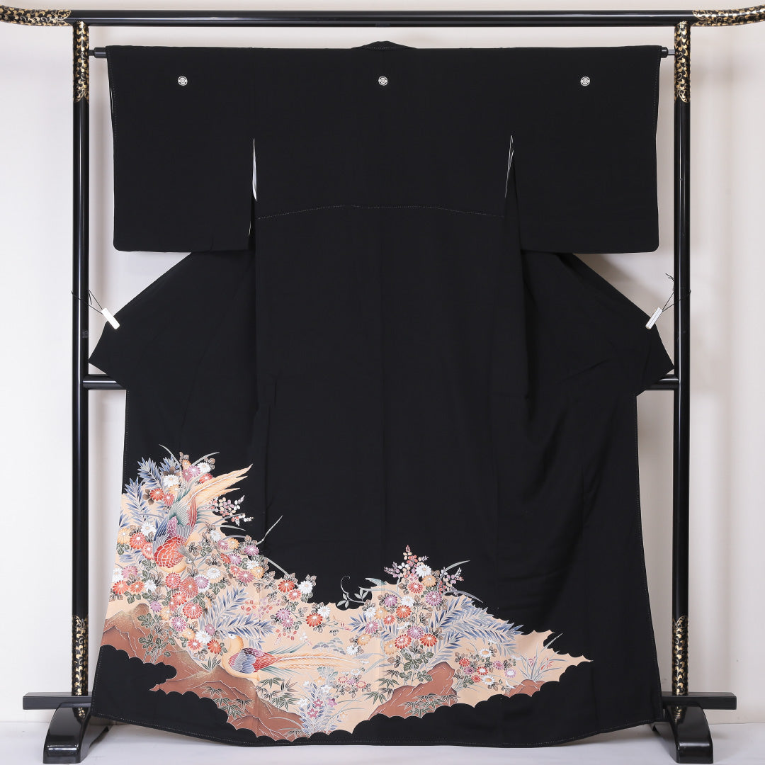 黒留袖 五つ紋 丸に木瓜 身丈166cm 裄丈64cm Aランク 正絹 袷 比翼 広衿 XL 鴛鴦 フォーマル 黒系 1211-F0208