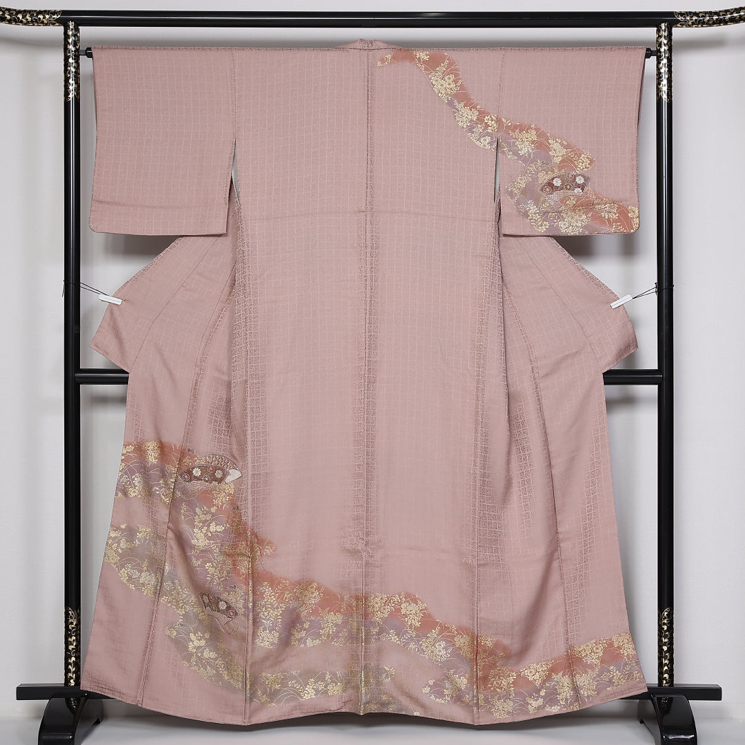 訪問着 袷 身丈161cm 裄丈64cm 正絹 Sランク セミフォーマル 広衿 Lサイズ 金彩 蘇州刺繍 汕頭刺繍 扇 菊 ピンク系 RP 1217-04757