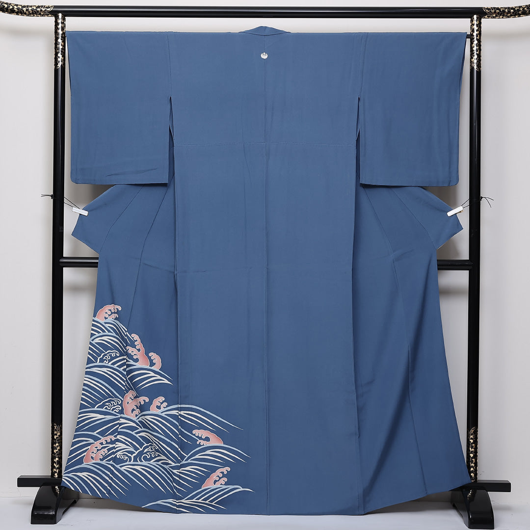 訪問着 単衣 身丈166cm 裄67cm 正絹 一つ紋 波頭 肩当て 居敷当て Cランク 1212-00707