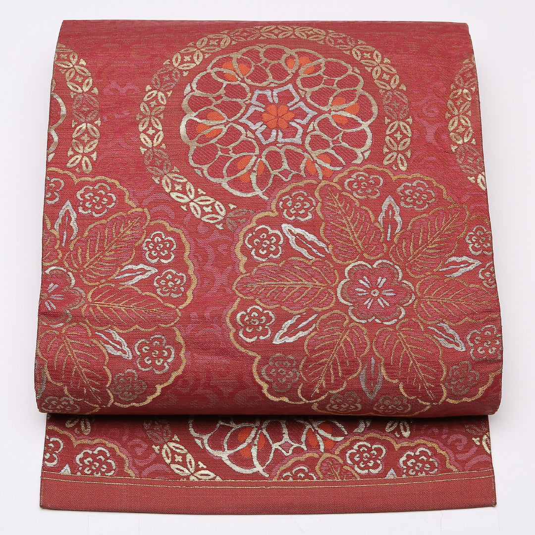 アンティーク 名古屋帯 帯丈326cm Aランク 名古屋仕立て ポイント柄 正絹 宝相華 セミフォーマル 赤系 1224-01462