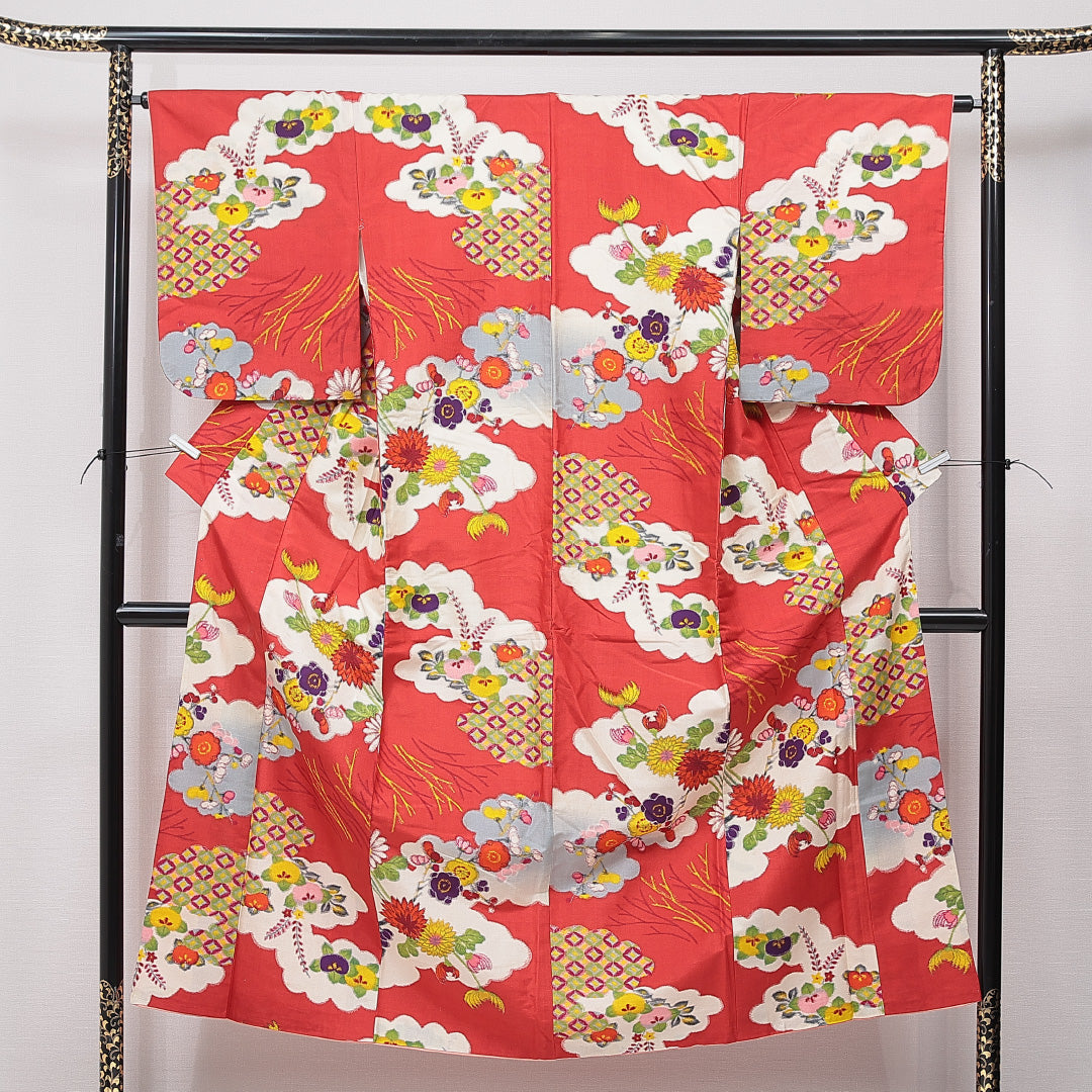 アンティーク 紬(銘仙) 袷 身丈149cm 裄丈64cm 正絹 Dランク XSサイズ バチ衿 梅 赤系 1216-15612