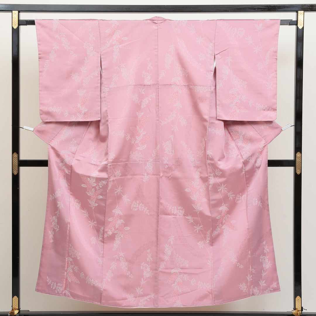 小紋 袷 身丈151cm 裄63.5cm ピンク系 草花 洗える着物 Sランク 通年柄 しつけ糸 1215009662213