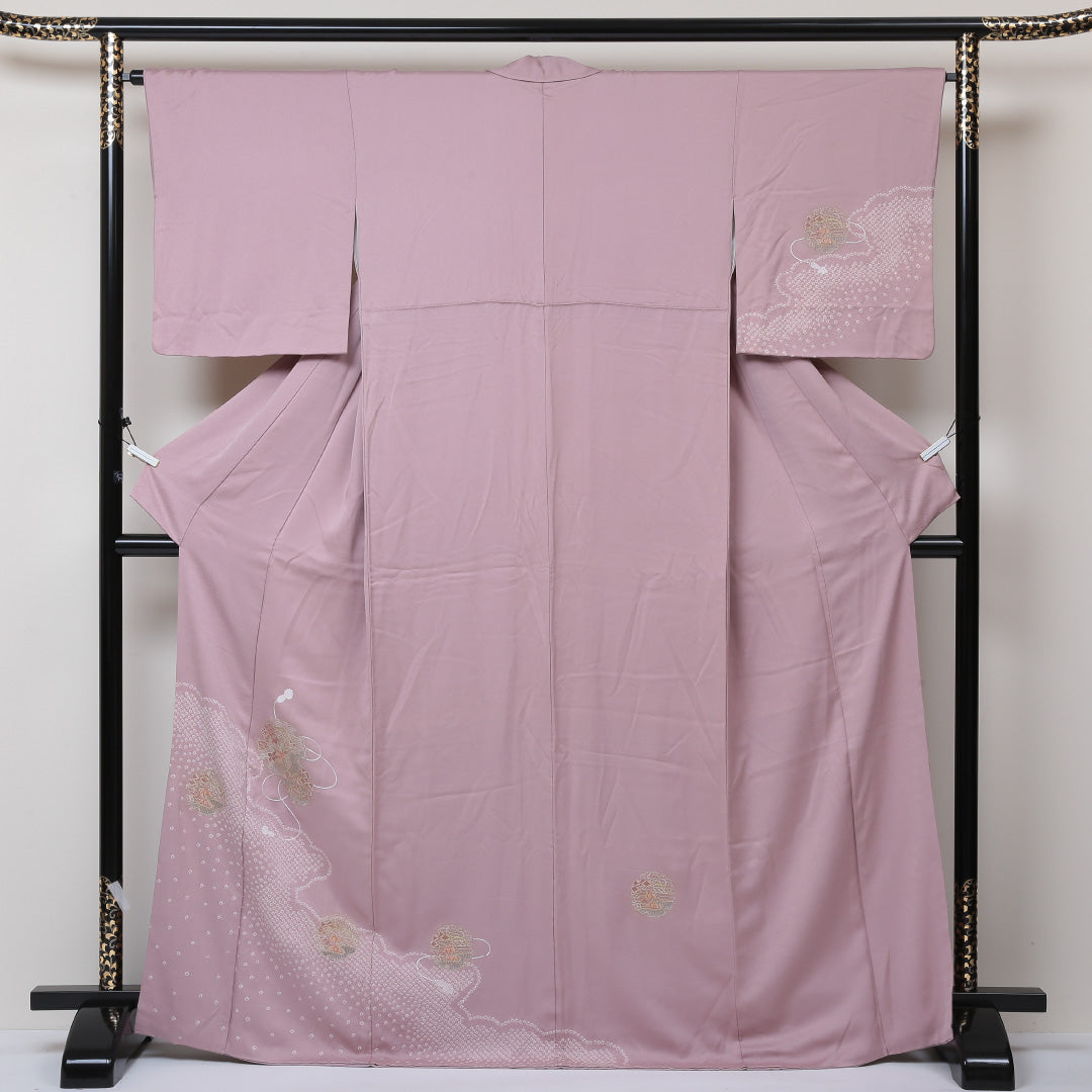 訪問着 袷 身丈165cm 裄丈64cm 正絹 Aランク セミフォーマル 広衿 XLサイズ 絞り 汕頭刺繍 雪輪 牡丹 ピンク系 PO 1217-04316