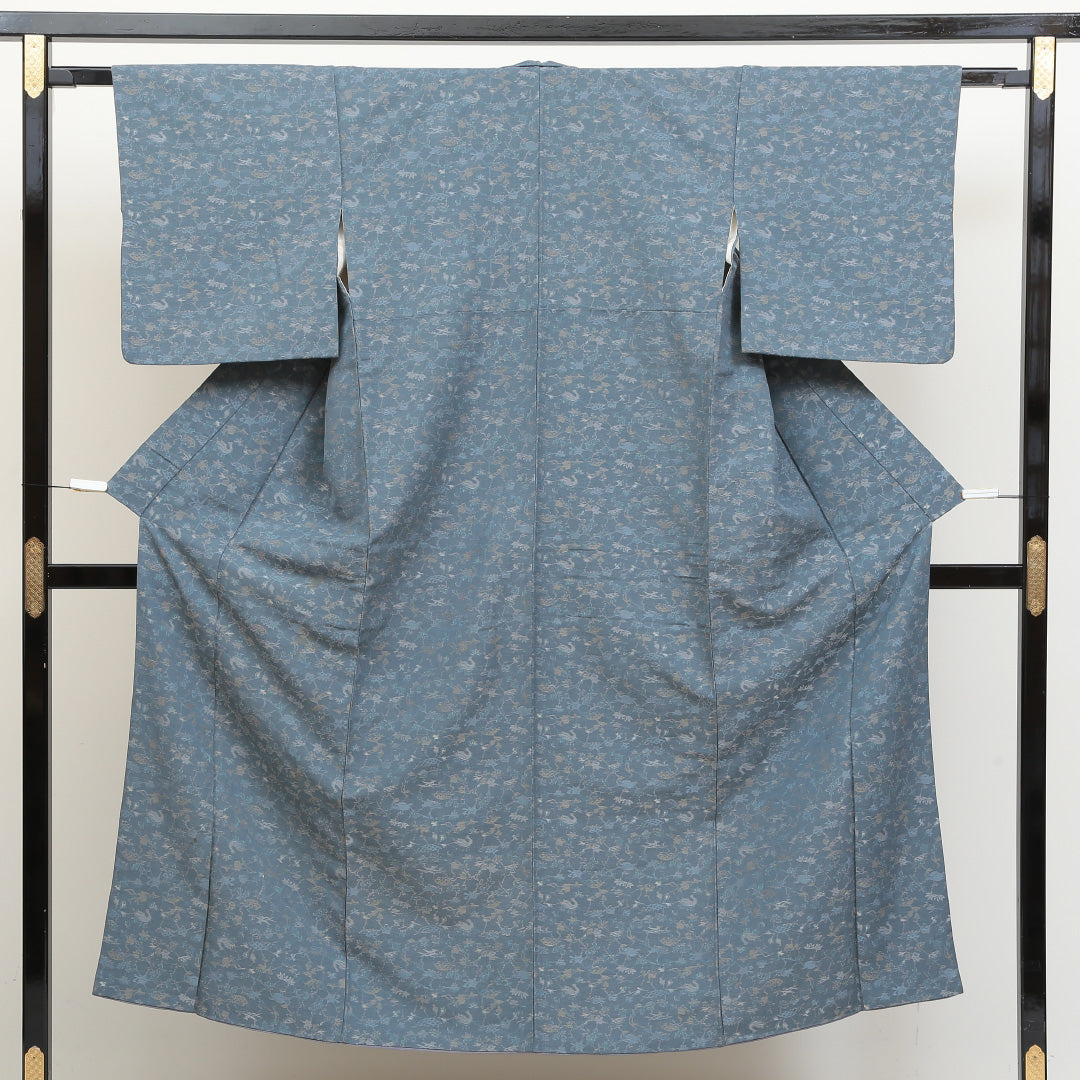 紬 袷 身丈147cm 裄丈63cm 正絹 Aランク XSサイズ 広衿 カジュアル 花鳥風月 青系 1216-02829