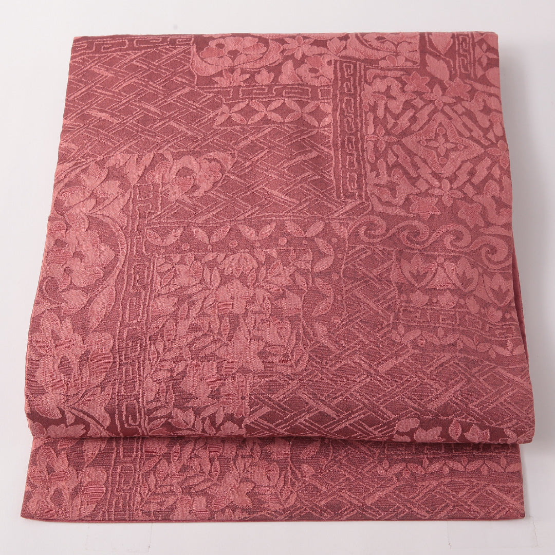 九寸名古屋帯 帯丈341cm カジュアル 名古屋仕立て 全通 Sランク 正絹 花柄 ピンク系 1224-03191