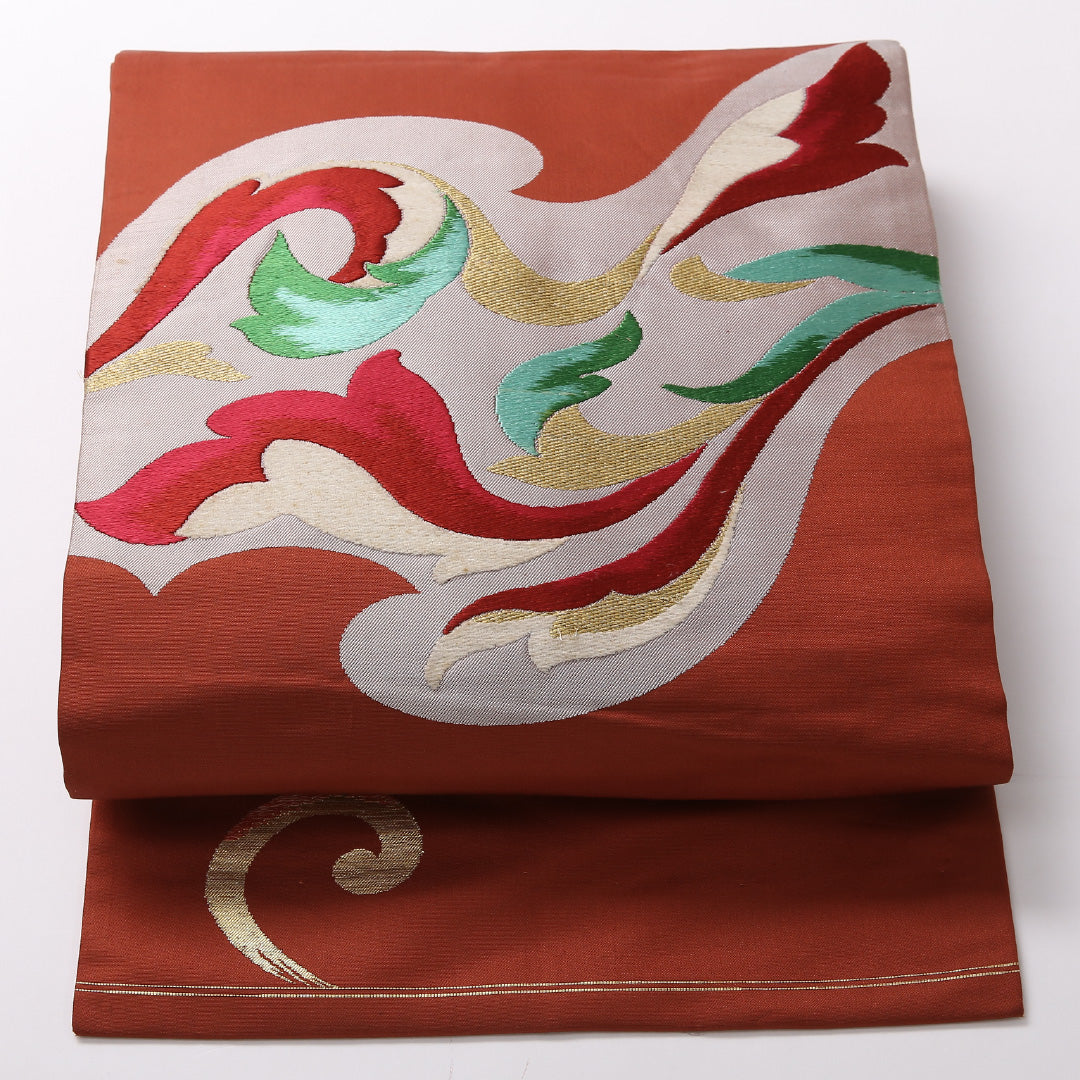 アンティーク 八寸 名古屋帯 帯丈329cm 名古屋仕立て ポイント柄 Bランク 正絹 唐織 創作柄 レトロ 可愛らしい 朱系 1224-02820