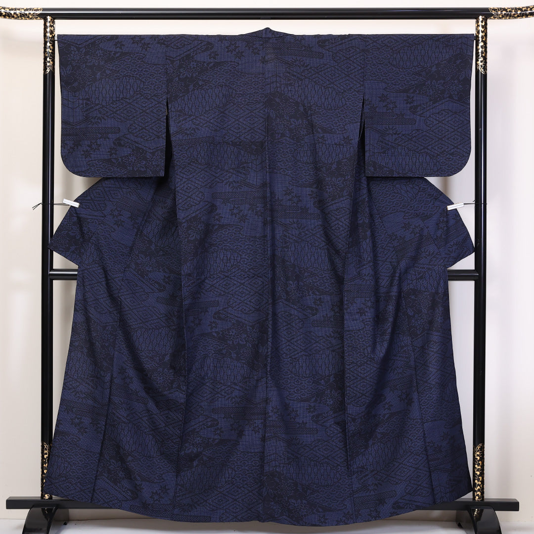 紬 単衣 身丈160cm 裄66.5cm 正絹 茶屋辻 居敷当て 紺系 Aランク 1216-01196