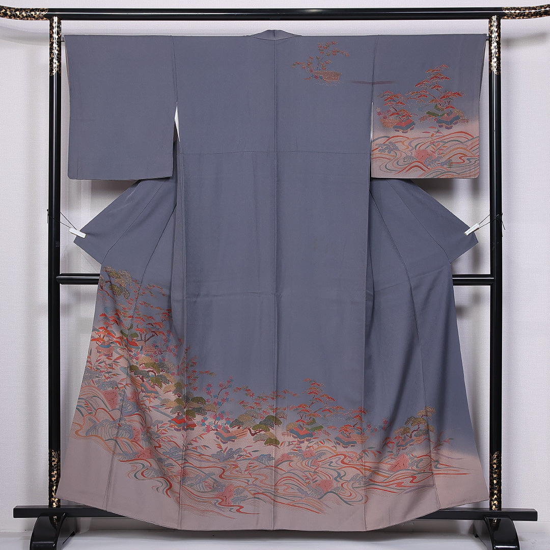 訪問着 袷 身丈157cm 裄丈65cm 正絹 Bランク セミフォーマル 広衿 Mサイズ 茶屋辻 松竹梅 グレー系 HP 1217-10862