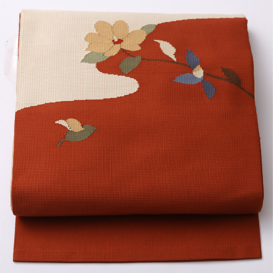 八寸名古屋帯 Sランク 帯丈369cm 正絹 ポイント柄 松葉仕立て 織り カジュアル 花柄 朱系 LP 1245-02680