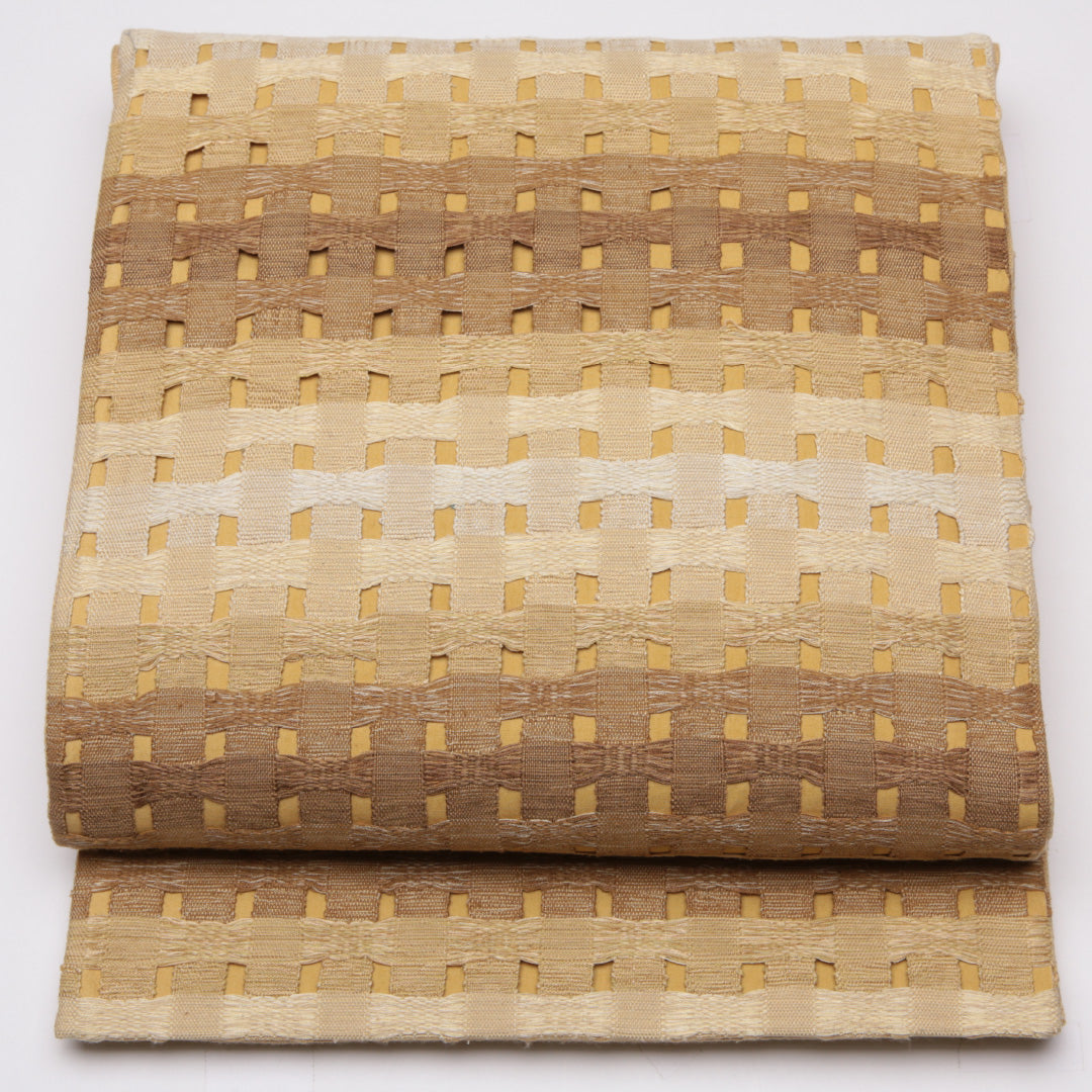 袋帯 帯丈450cm 六通 ますいわ屋 はればれ加工 創作 カジュアル 黄系 正絹 Sランク 1223-01109