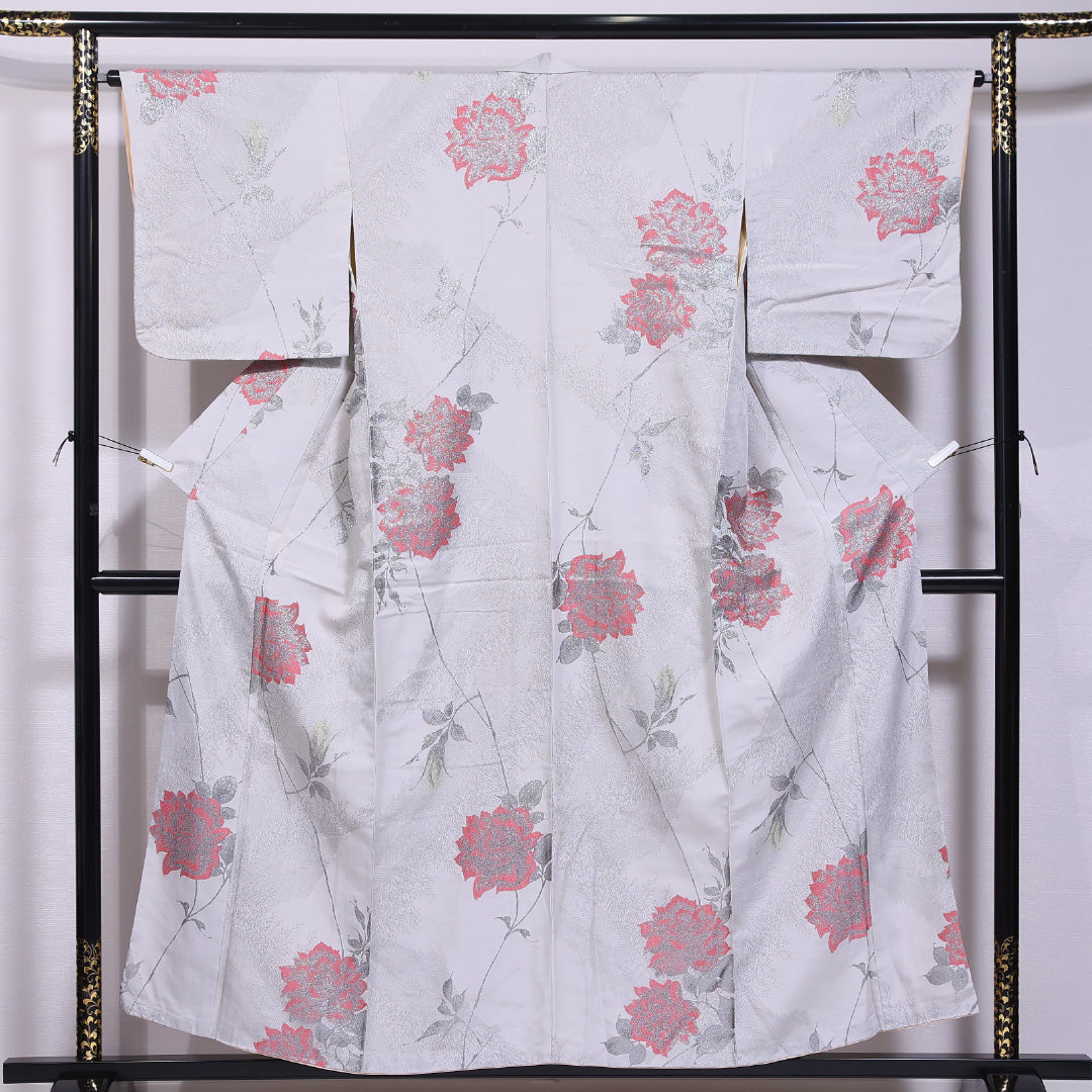 アンティーク 小紋 (お召) 袷 身丈154cm 裄丈64cm 正絹 Cランク バチ衿 Sサイズ 漆糸 薔薇 グレー系 RP 1221-11657