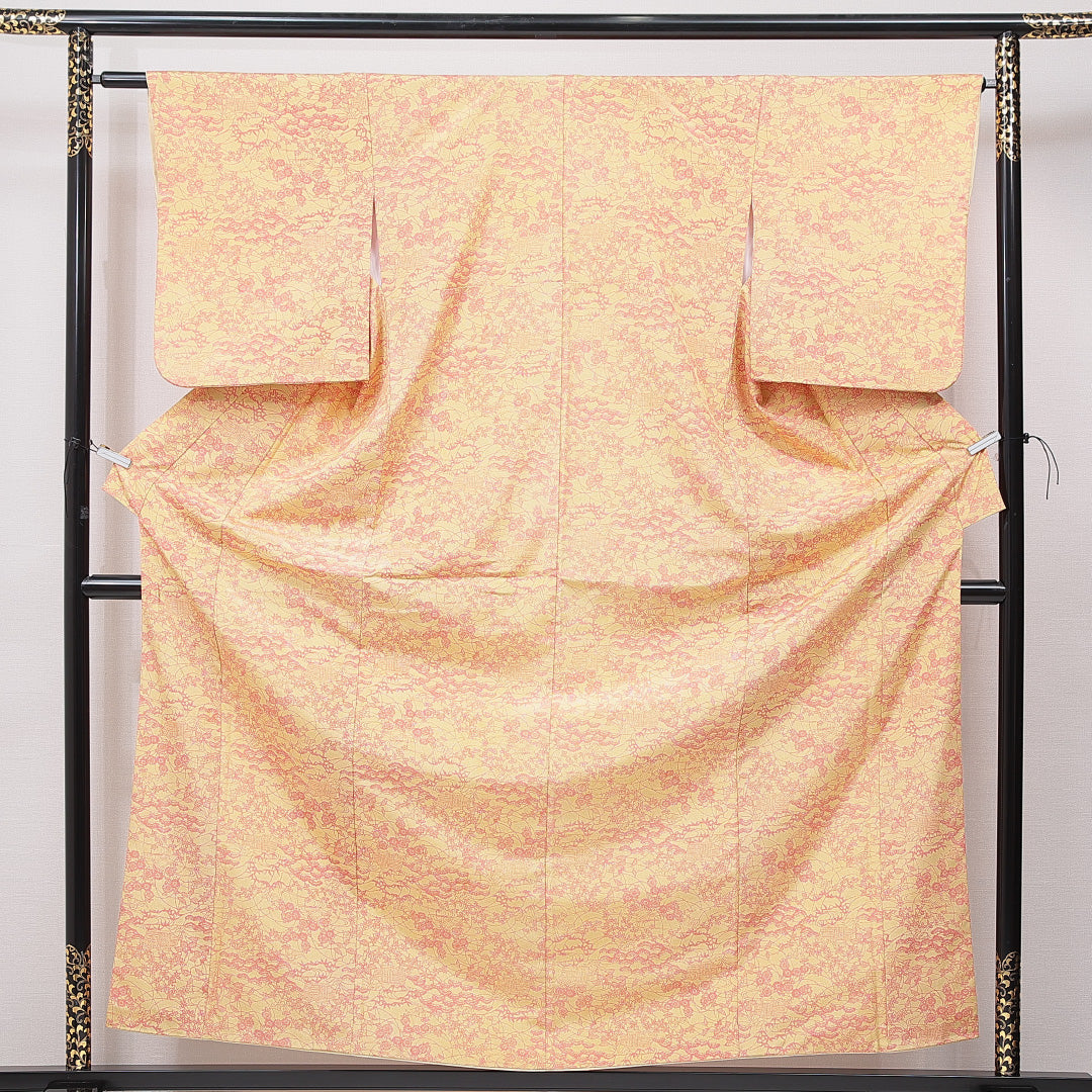 小紋 袷 身丈159cm 裄丈62cm 正絹 Cランク インフォーマル バチ衿 Mサイズ 古典柄 古典的 華やか 黄系 HP 1221-15738