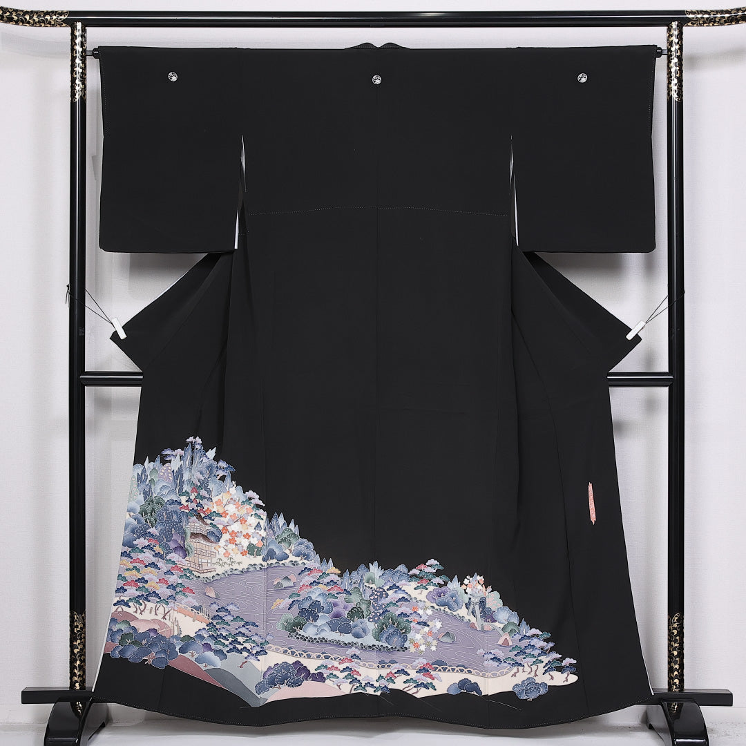 黒留袖 五つ紋 橘枝丸 鹿苑寺金閣庭園 身丈160cm 裄丈64cm Sランク 正絹 袷 比翼 広衿 L 作家物 落款 加賀友禅 フォーマル 黒系 1211-F0326
