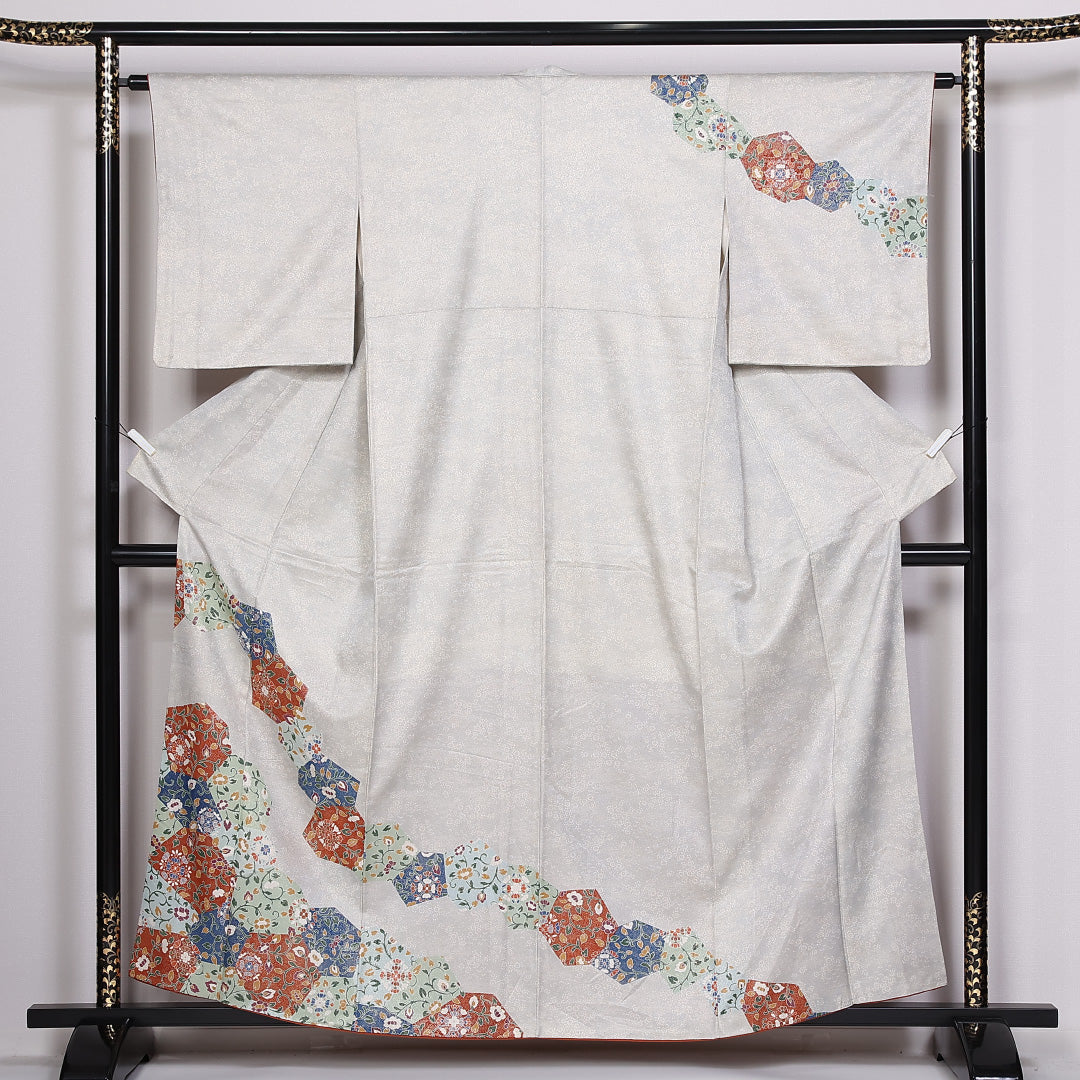 訪問着 袷 身丈158cm 裄丈63cm 正絹 Sランク セミフォーマル 広衿 Mサイズ 金通し 唐華 銀系 RP 1217-04830