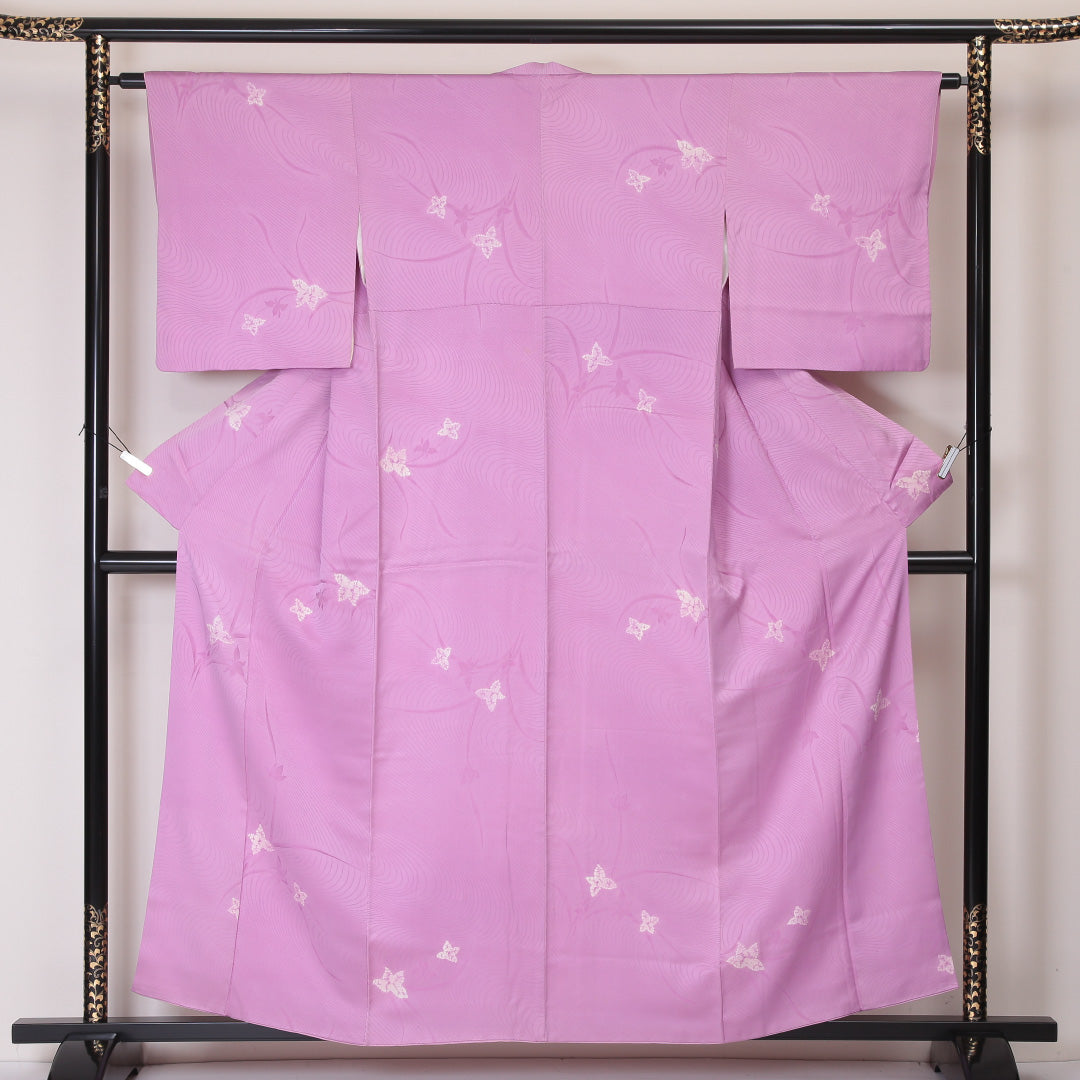 小紋 袷 身丈157cm 裄丈63cm 正絹 Aランク 紋意匠 (百合) インフォーマル 広衿 Mサイズ 花柄 ピンク系 RP 1221-02143