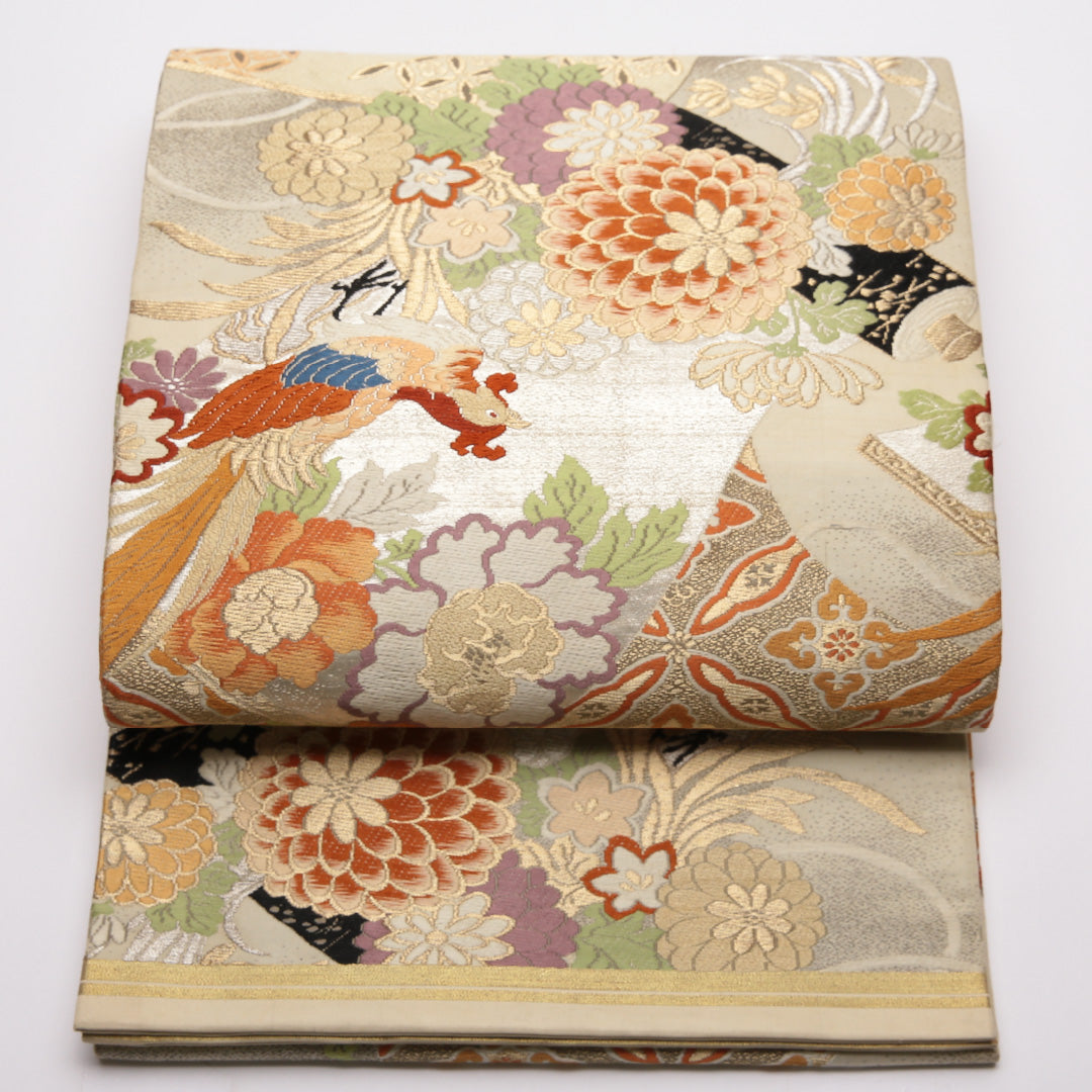 アンティーク 丸帯 帯丈412cm 正絹 全通 唐織 鳳凰 花鳥文 クリーム系 1242-01376