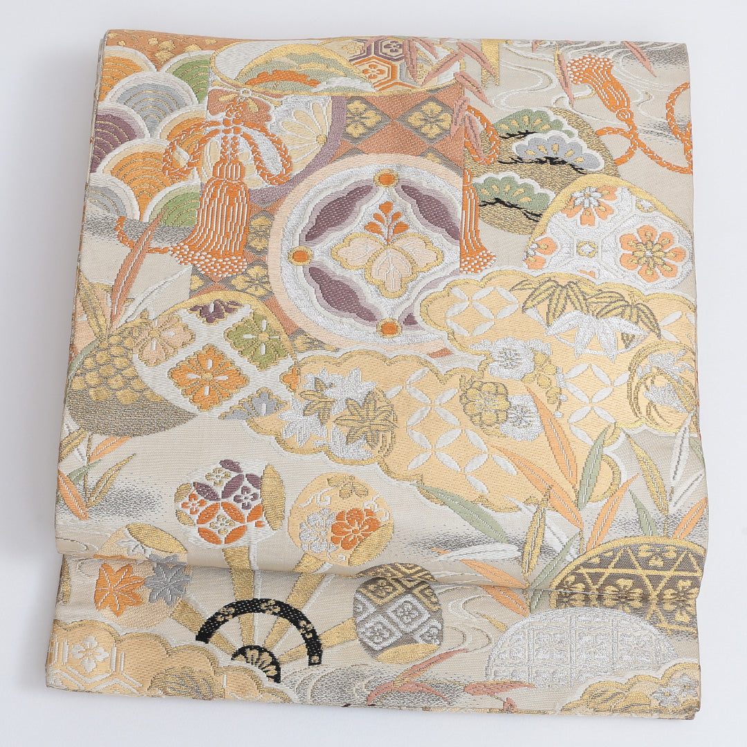 アンティーク 丸帯 帯丈394cm 全通 仕立て上がり フォーマル 唐織 Aランク 吉祥文様 金系 122300526321