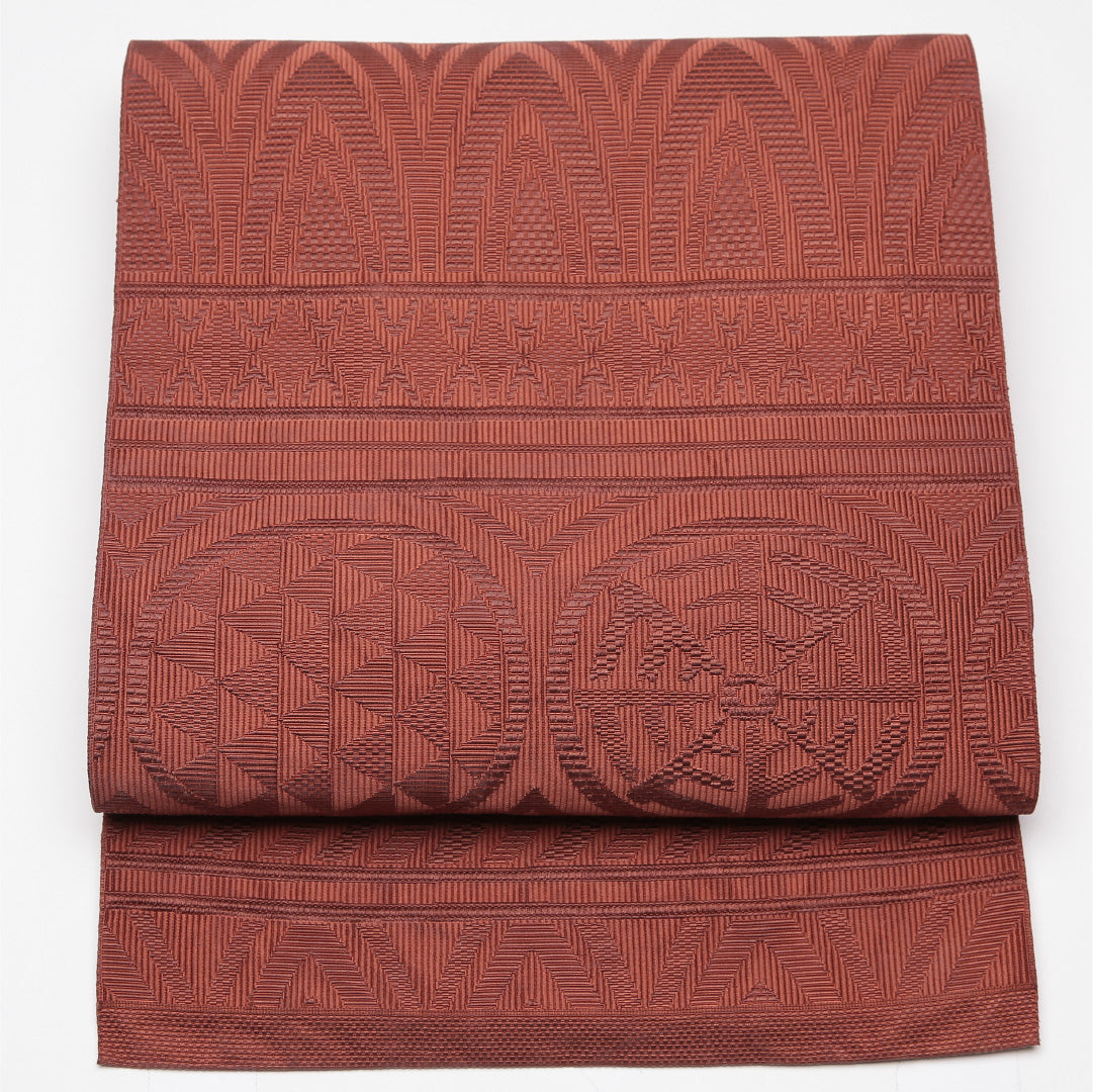 名古屋帯 帯丈363cm Aランク 松葉仕立て 六通 正絹 鱗 幾何学 カジュアル 茶系 1224-01647