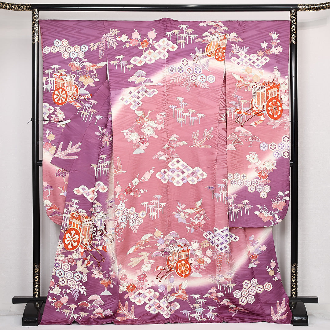 振袖 身丈173cm 裄丈69.5cm Sランク 正絹 袷 広衿 2XL 金駒刺繍 御所車 フォーマル 紫系 1213-F0516