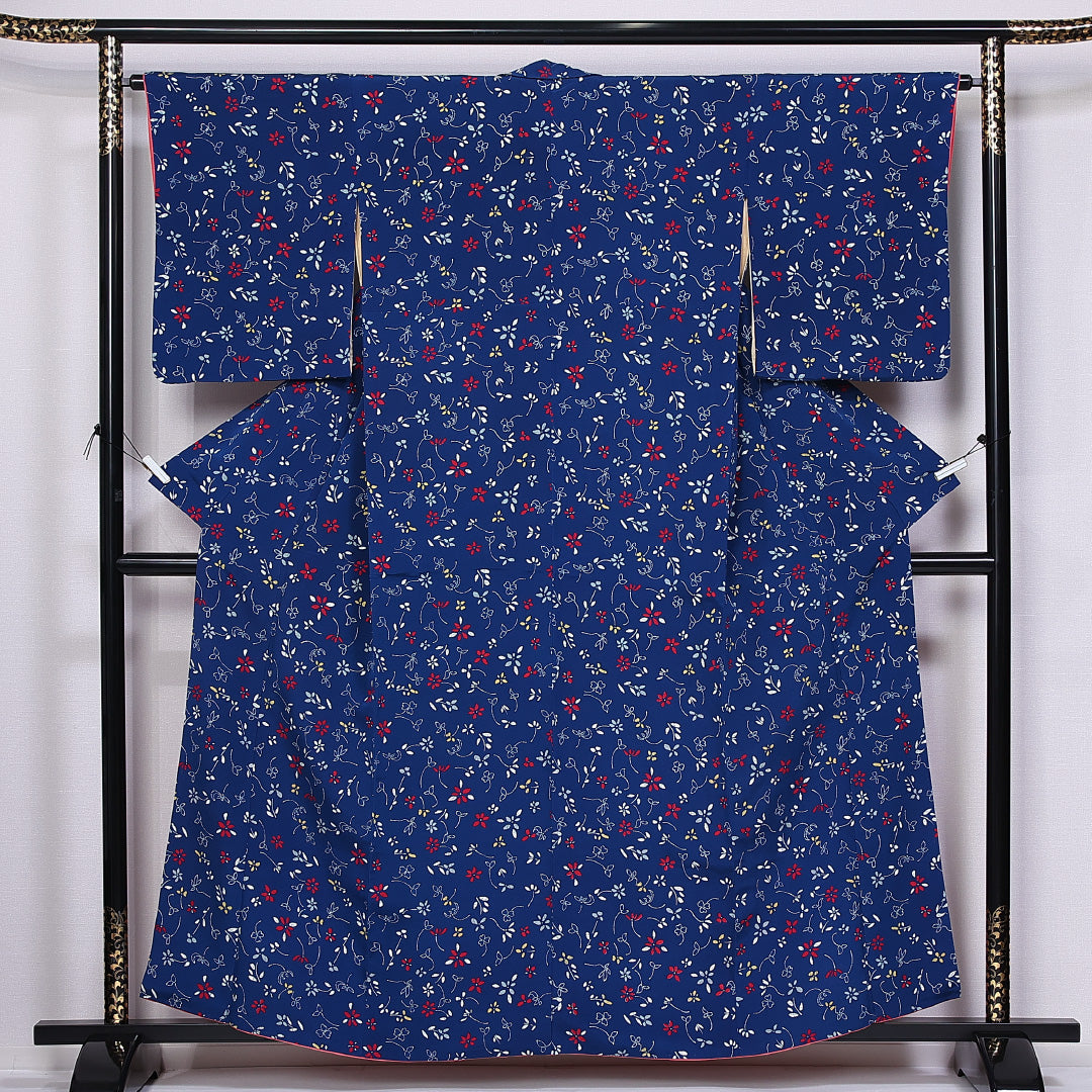 小紋 袷 身丈158cm 裄丈63cm 正絹 Aランク インフォーマル 広衿 Mサイズ 花柄 紺系 HP 1221-11058