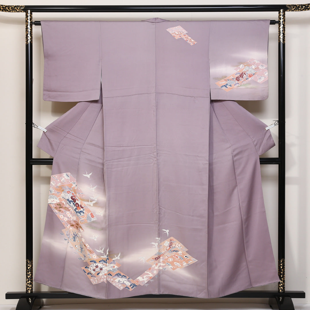 訪問着 袷 身丈154cm 裄丈63cm 正絹 Aランク セミフォーマル 広衿 Sサイズ ぼかし染 金彩 鶴 吉祥文様 紫系 RP 1217-04408