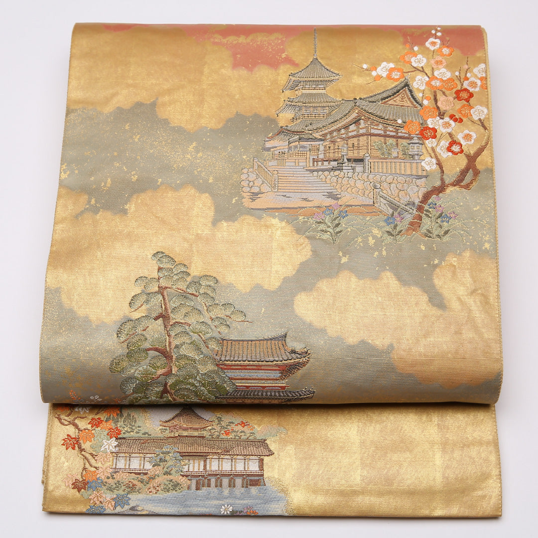 袋帯 帯丈434cm 六通 大和路散策絵文 本金箔 梅 竜胆 寺社仏閣 笠松 フォーマル 金系 正絹 Aランク 1223-01093