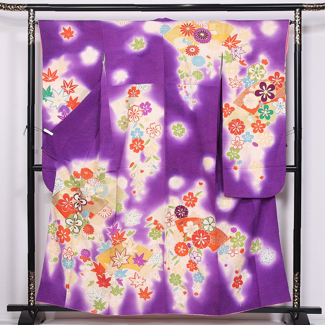 振袖 身丈157cm 裄丈65cm 袷 正絹 Cランク 広衿 菊 梅 紅葉 金駒刺繍 扇 1213-F0391