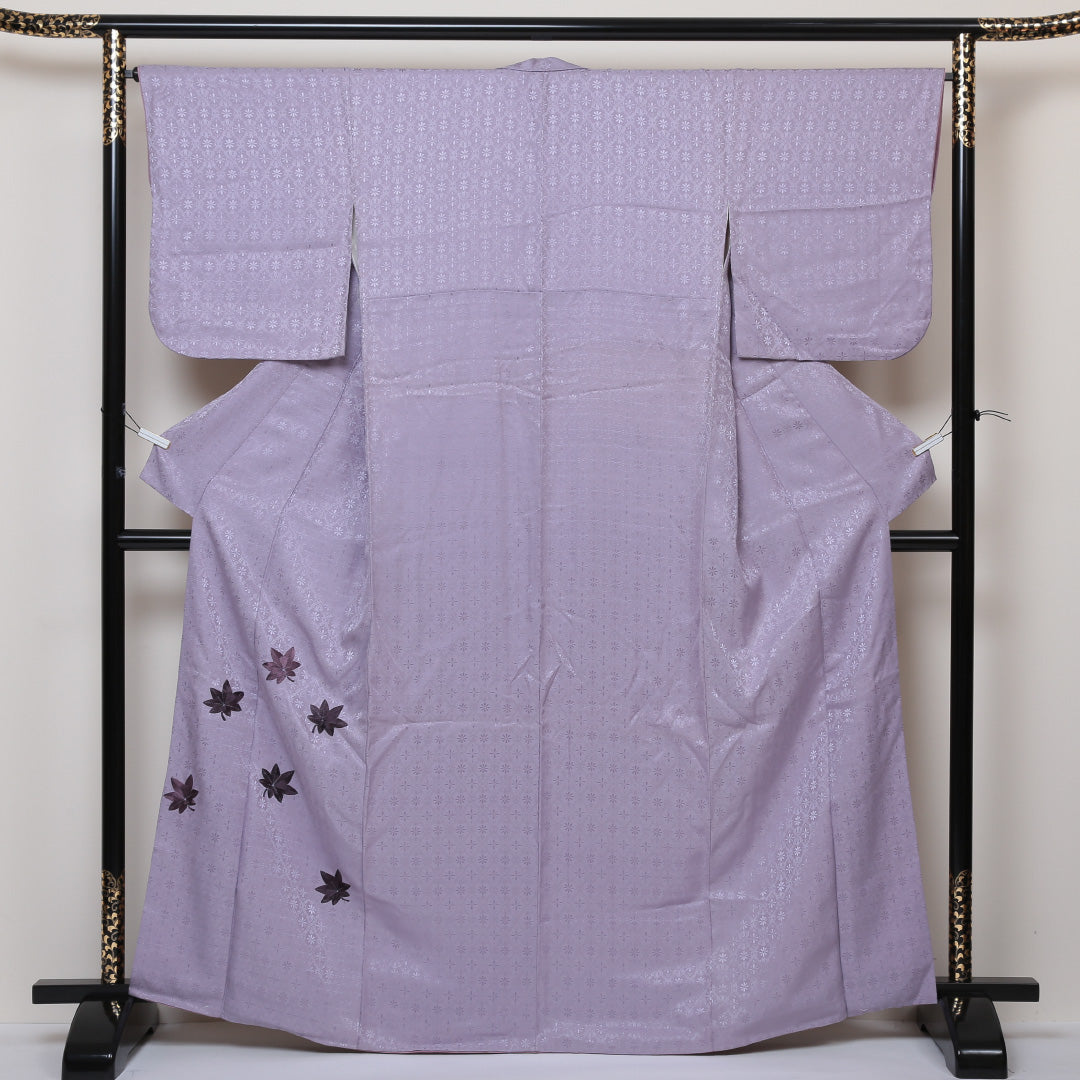 付下げ 袷 身丈165cm 裄丈66cm 正絹 Sランク 紋意匠 (花菱) インフォーマル 広衿 XLサイズ 刺繍 紅葉 紫系 RP 1218-04270