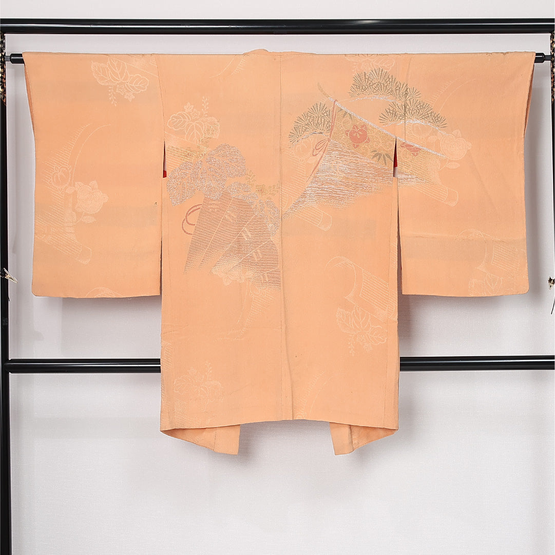 アンティーク 絵羽羽織 (錦紗) 袷 身丈96cm 裄丈63cm 正絹 Cランク Sサイズ 漆糸 扇 御簾 朱系 M4 1234-12549
