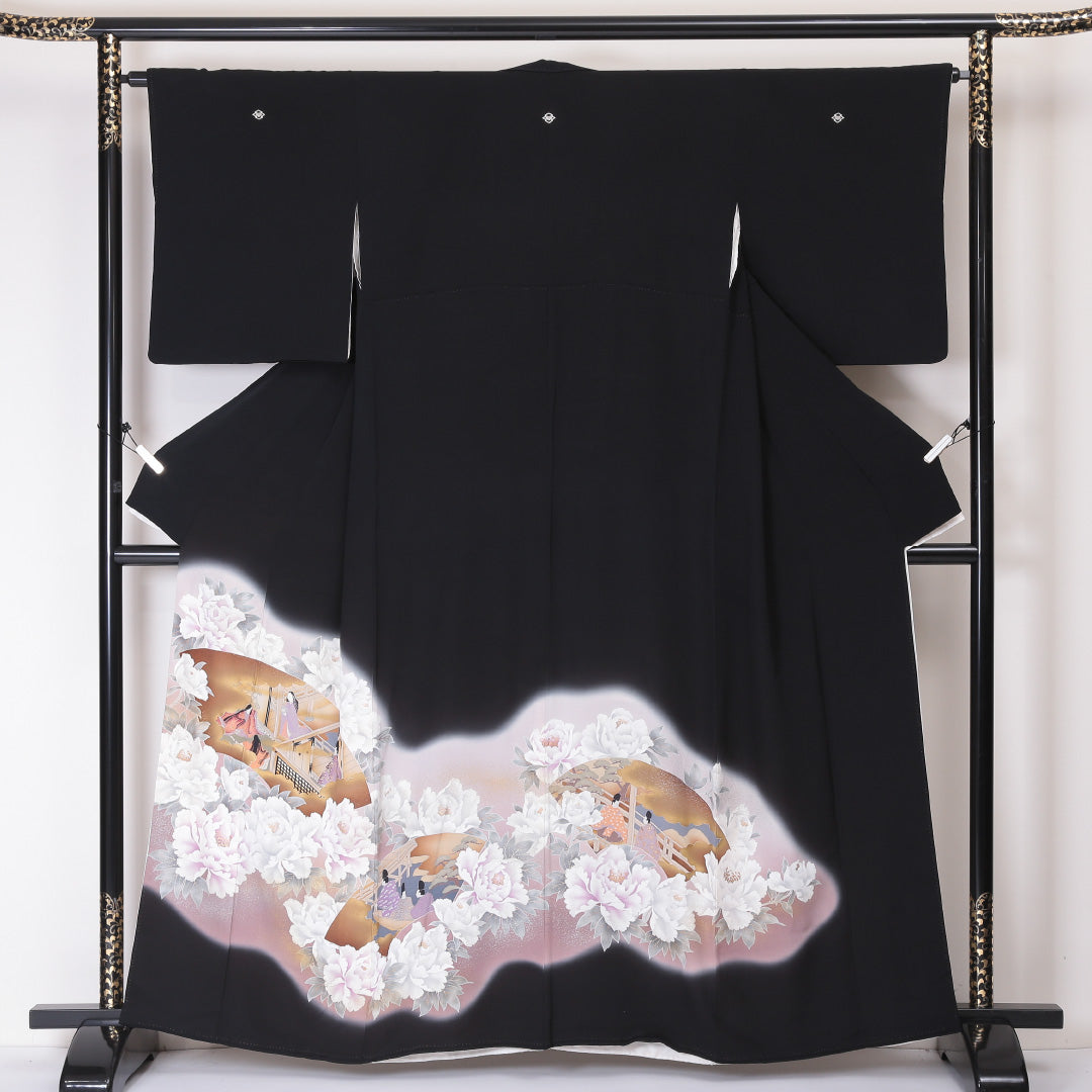 黒留袖 五つ紋 松皮菱に蔦 身丈160cm 裄丈64.5cm Sランク 正絹 袷 比翼 広衿 L 京友禅 平安絵巻 牡丹 フォーマル 黒系 1211-F0212