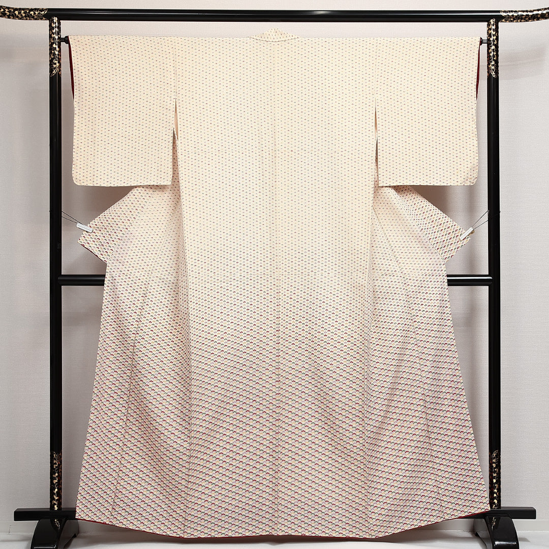 未使用品 付下げ 袷 身丈160cm 裄丈63cm 正絹 Sランク インフォーマル 広衿 Lサイズ しつけ糸 扇 クリーム系 RP 1218-14009