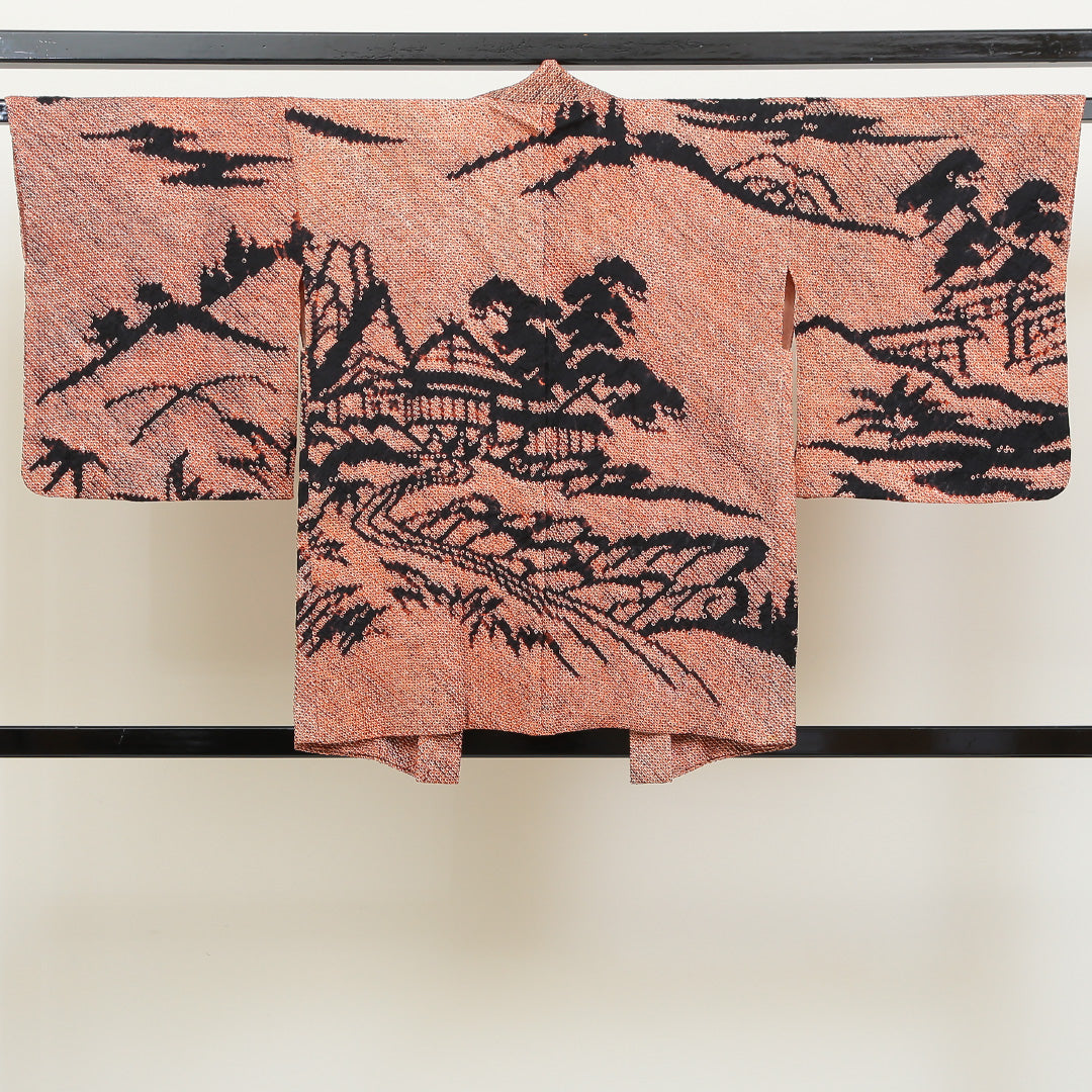 羽織 袷 身丈75cm 裄丈64cm 正絹 Aランク カジュアル Mサイズ 紐あり 茶屋辻 朱系 RP 1232-05454