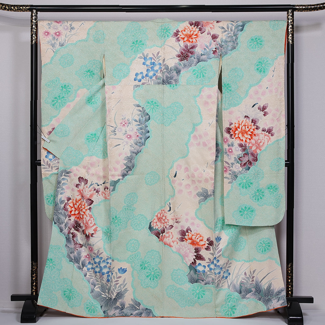 振袖 身丈166cm 裄丈67.5cm 袷 正絹 Cランク 広衿 絞り 牡丹 桔梗 菊 1213-F0398