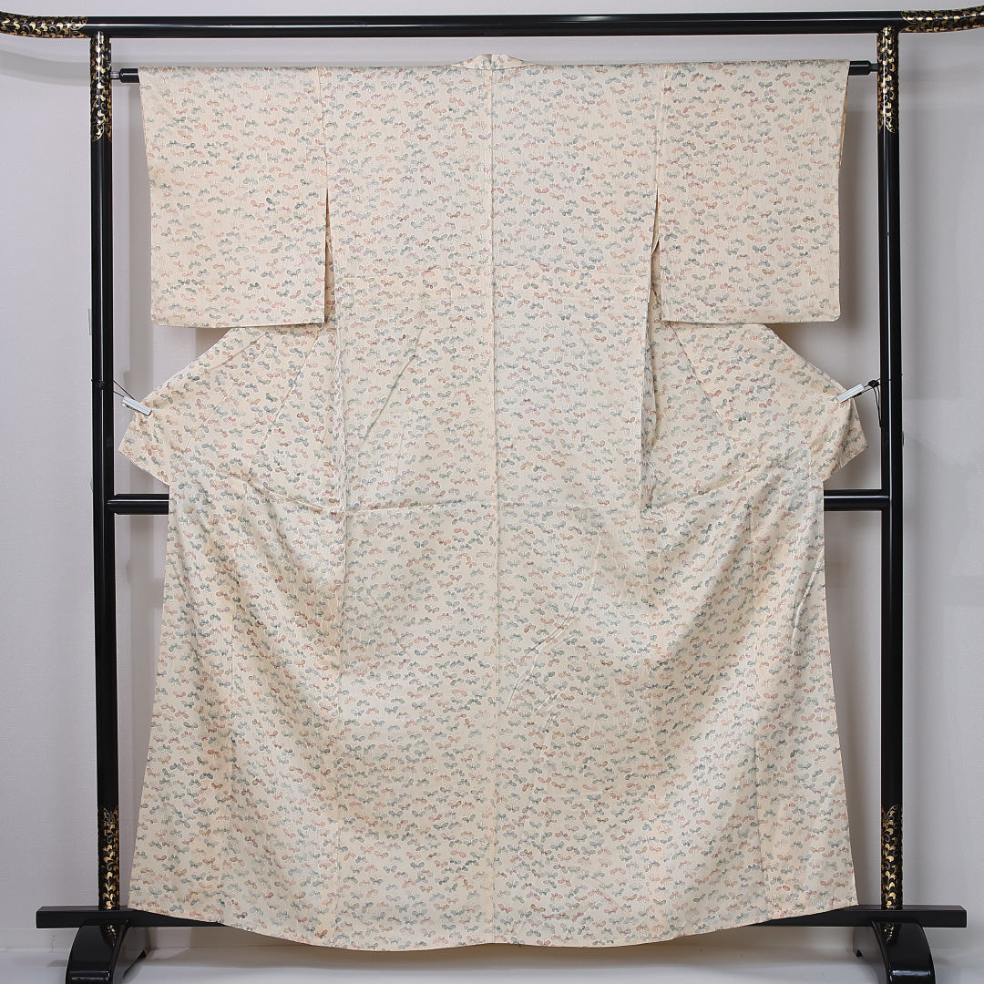 小紋 単衣 身丈160cm 裄丈62cm 正絹 Aランク インフォーマル 広衿 Lサイズ 蝶 クリーム系 HP 1221-12251
