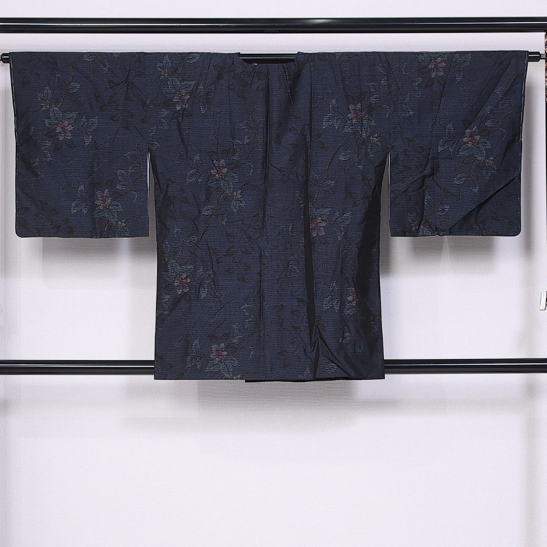 道行コート (大島紬) 袷 身丈82cm 裄丈64cm 正絹 Sランク インフォーマル Mサイズ 花柄 紺系 RP 1237-10798