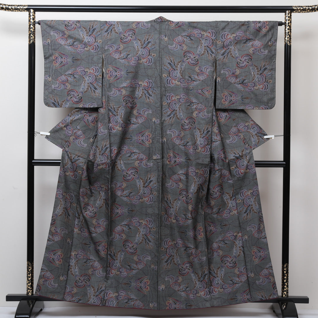 大島紬 袷 身丈158cm 裄65cm 正絹 グレー系 Aランク 1216004203322