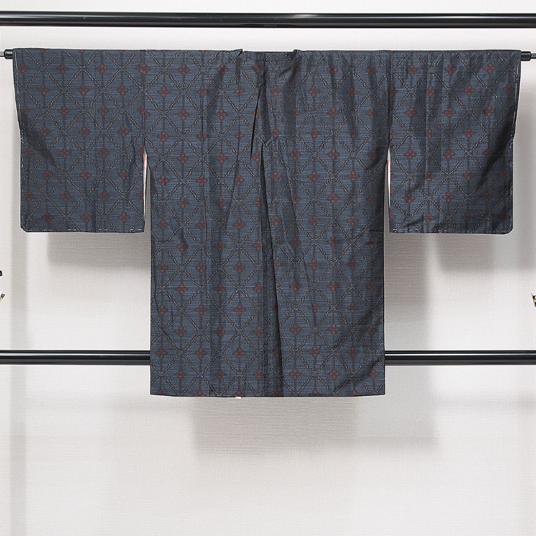 道行コート (村山大島紬) 袷 身丈88cm 裄丈65cm 正絹 Sランク セミフォーマル Mサイズ 緯総絣 ポケットあり 花菱 網目 紺系 RP 1237-14682