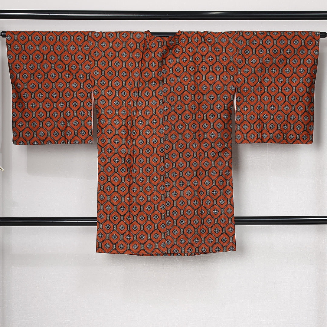道行コート (村山大島紬) 袷 身丈91cm 裄丈66cm 正絹 Sランク セミフォーマル Mサイズ ポケットあり 蜀江 赤系 RP 1237-12592