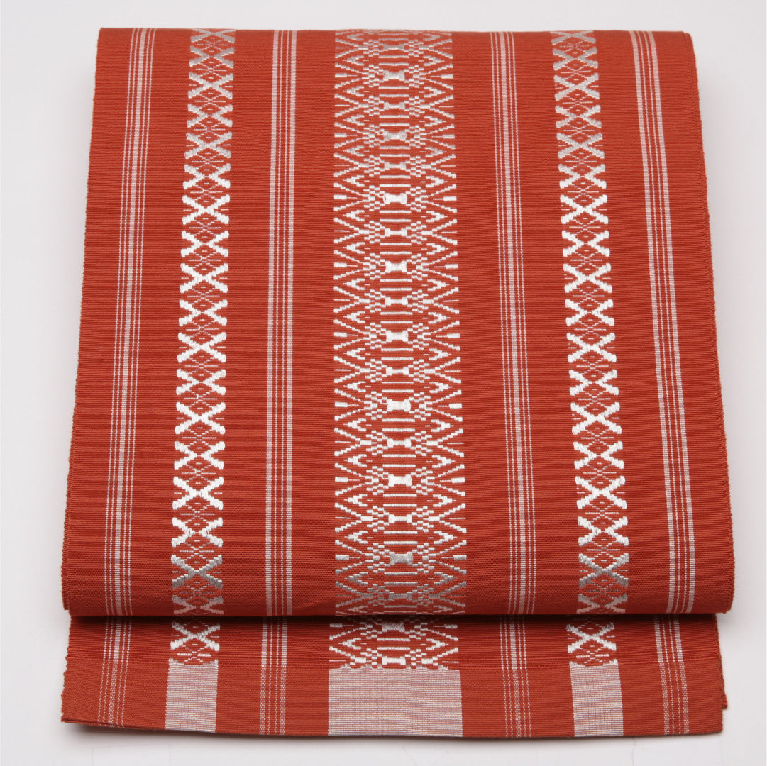 名古屋帯 帯丈396cm Aランク 開き仕立て 全通 正絹 本場筑前博多織 献上柄 セミフォーマル 朱系 1224-01545