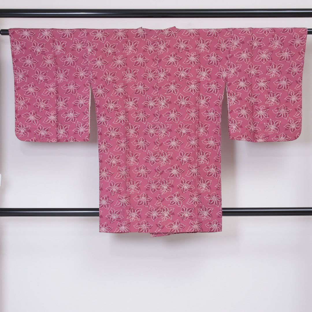 道行コート 袷 身丈88cm 裄63cm 正絹 ちりめん Bランク ボタニカル ピンク系 1217-00436
